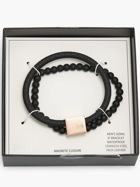 Men’s Black Beaded & Faux Leather Bracelet Magnetic Clasp Minimalist
